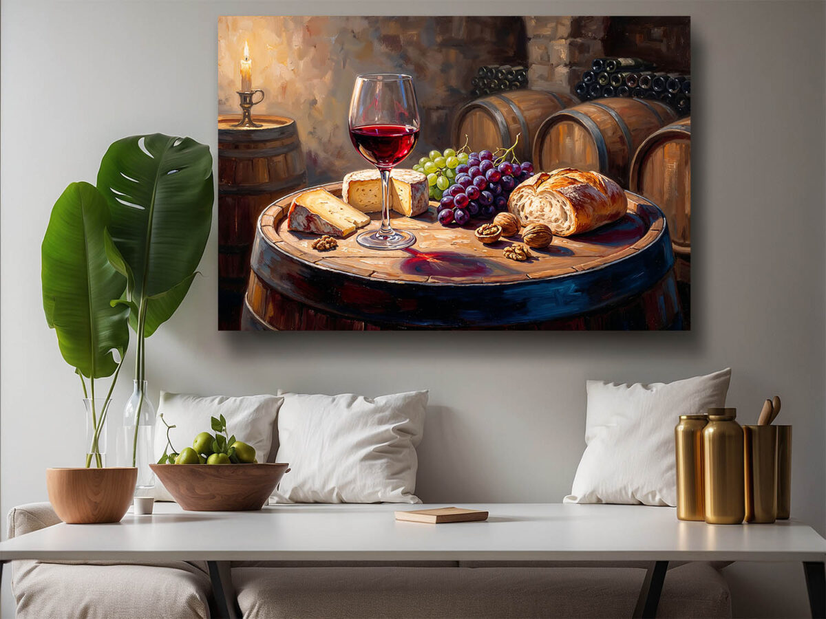XXL Leinwandbild Stillleben im Weinkeller mit Rotwein, Käse und Früchten