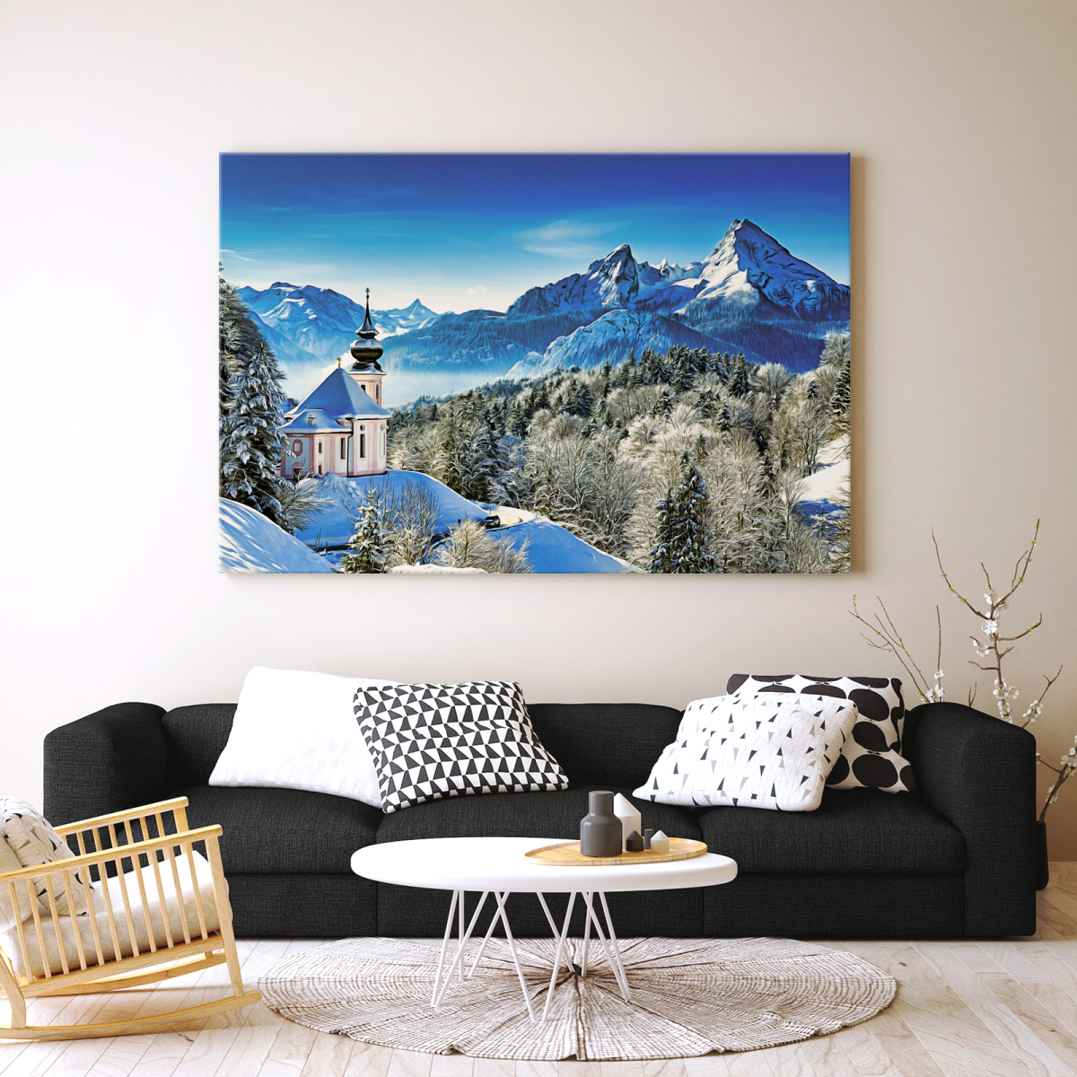 Winterlandschaft mit Blick auf den Watzmann auf Leinwand, wie Ölgemälde, druckbare Kunst