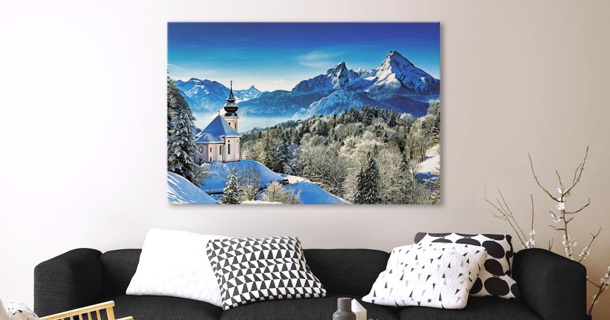 Winterlandschaft mit Blick auf den Watzmann auf Leinwand, wie Ölgemälde, druckbare Kunst
